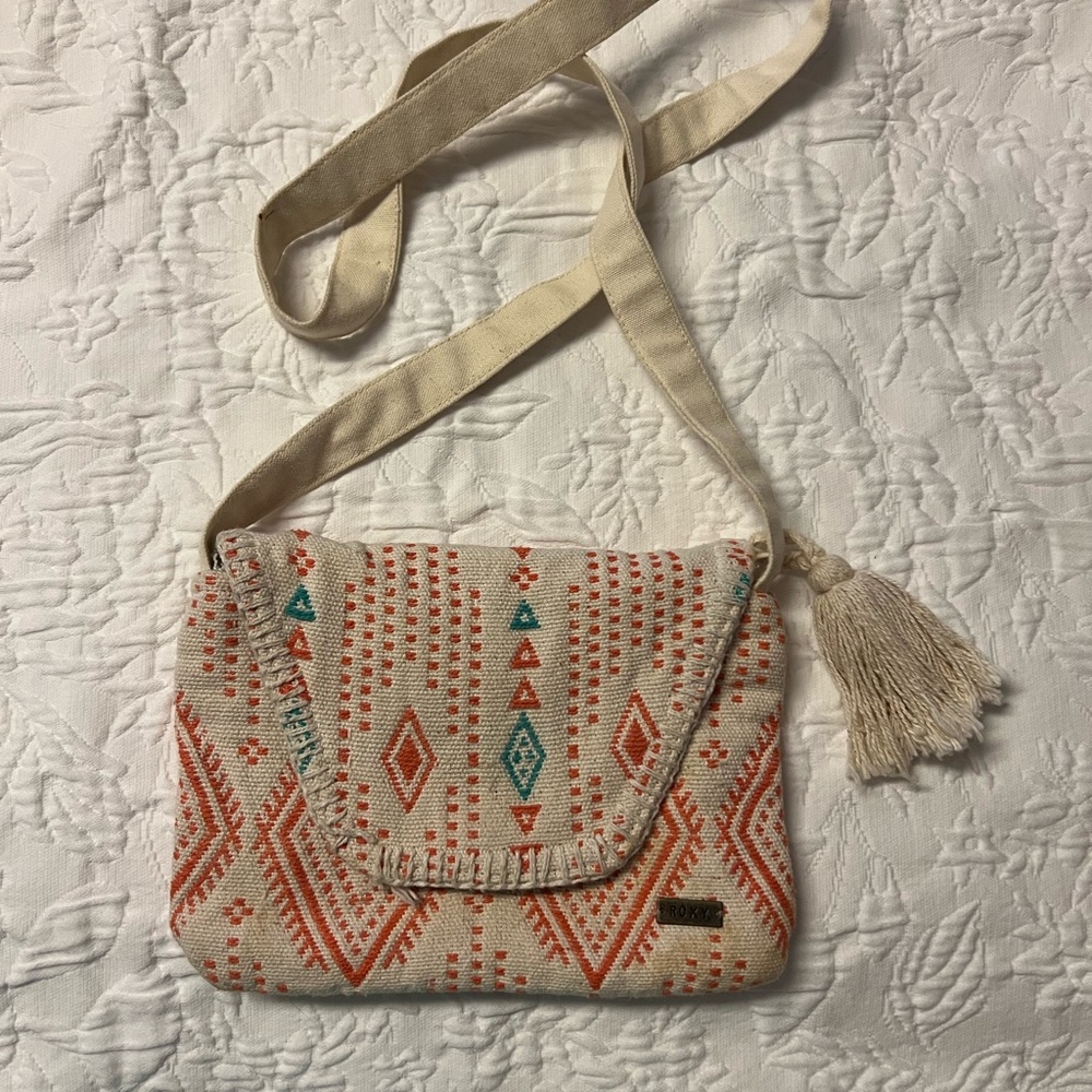 Roxy Cream and Orange Crossbody Bag with Geometric Pattern